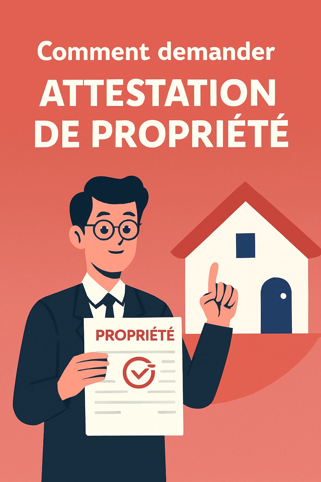 Illustration d’un homme tenant une attestation de propriété devant une maison, avec le titre “Comment demander attestation de propriété